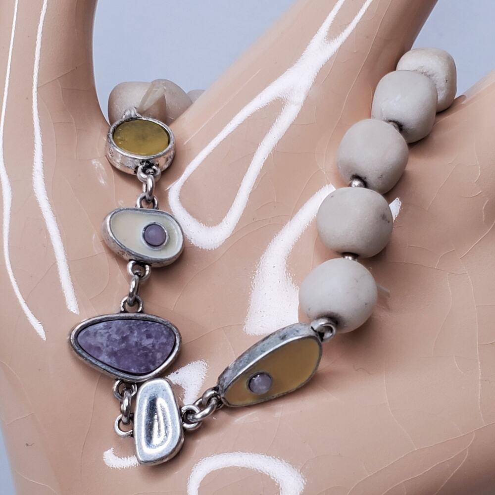 Vintage Bracelet Artisan Ceramic Beads w/ Charms Stretchy